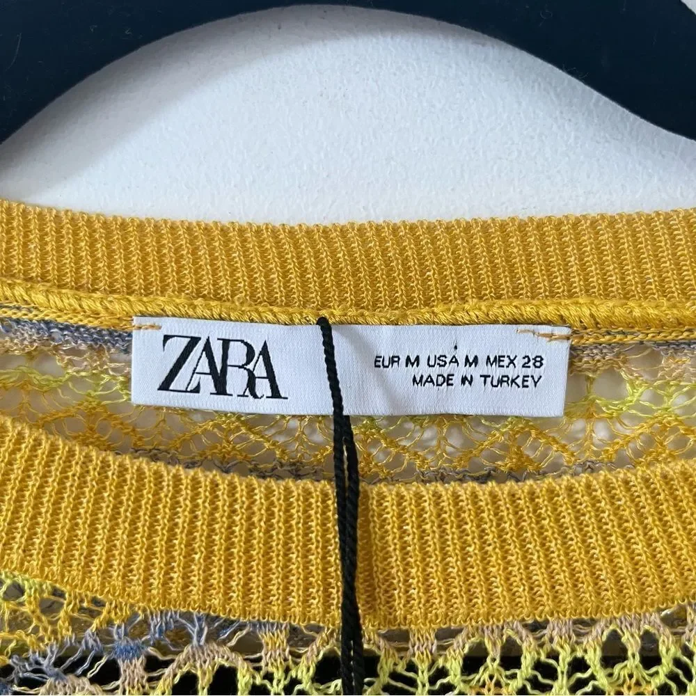 BNWT Zara Yellow Pointelle Knit Crop Sweater Medium Boho Festival Top - Picture 13 of 16